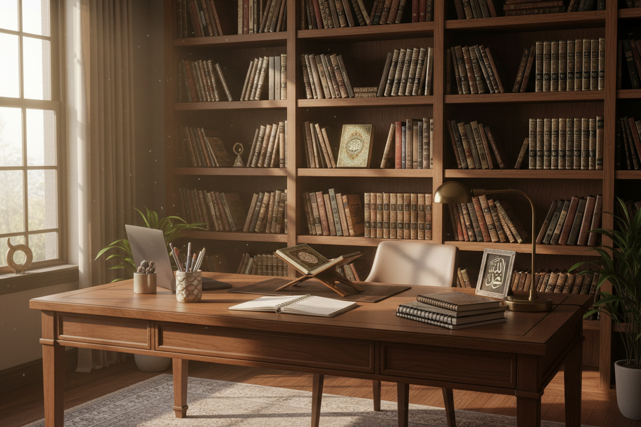 Boekenkast en bureau met accessoires
